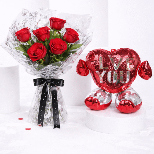 Bouquet of 6 Red Roses With Hugging Heart for Valentines – Romantic Roses & Sequin Heart Gift by Warda Petals
