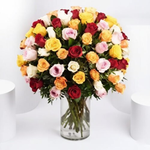 Bunch of 100 Mixed Roses in Glass Vase by Warda Petals