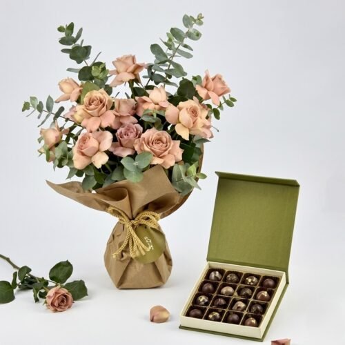 Cappuccino Roses Bouquet and Premium Chocolate Box by Warda Petals