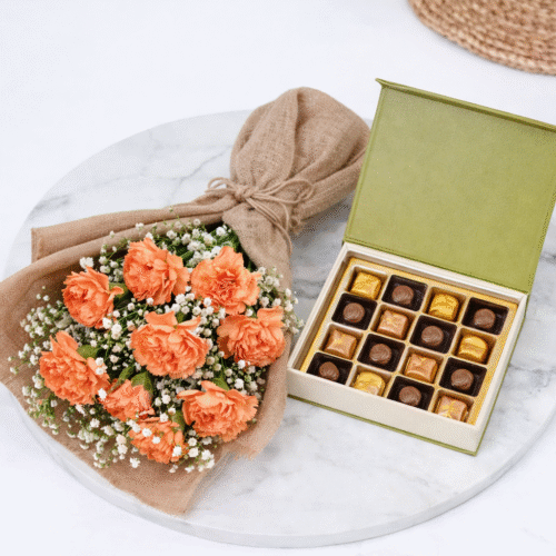 Carnations Bouquet with Mix Chocolates Box by Warda Petals