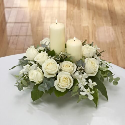 Center Table Arrangement – Elegant Floral & Candle Display