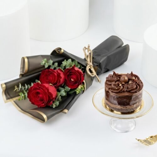 Chocolate Mini Cake N Red Rose Bouquet by Warda Petals