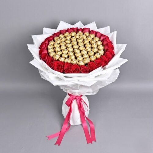 Chocolates and Roses Extravagance – Dark Pink Roses with 58 Ferrero Rocher Chocolates