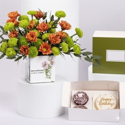 Chrysanthemum Birthday Flowers Vase With Bento Cake – Floral Arrangement & Chocolate Cake Combo by Warda Petals