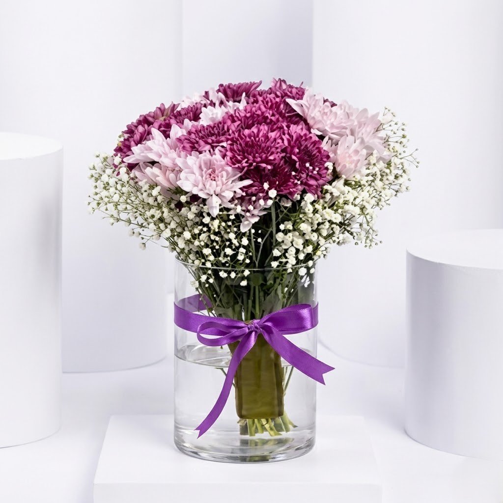 Chrysanthemum Flowers Arrangement – Pink & Purple Vase Display