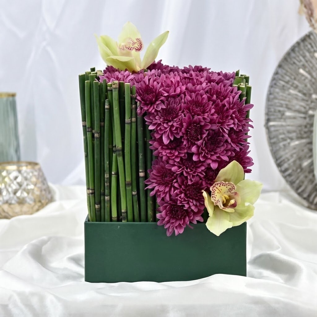 Chrysanthemum Waterfall – Elegant Floral Arrangement in Leather Tray