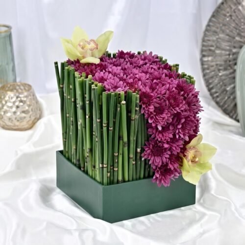 Chrysanthemum Waterfall – Elegant Floral Arrangement in Leather Tray