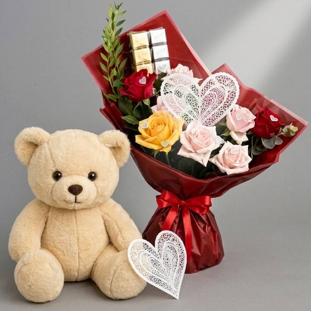 Classic Blooms and Chocolates with Teddy Bear – Luxury Rose Bouquet by Warda Petals