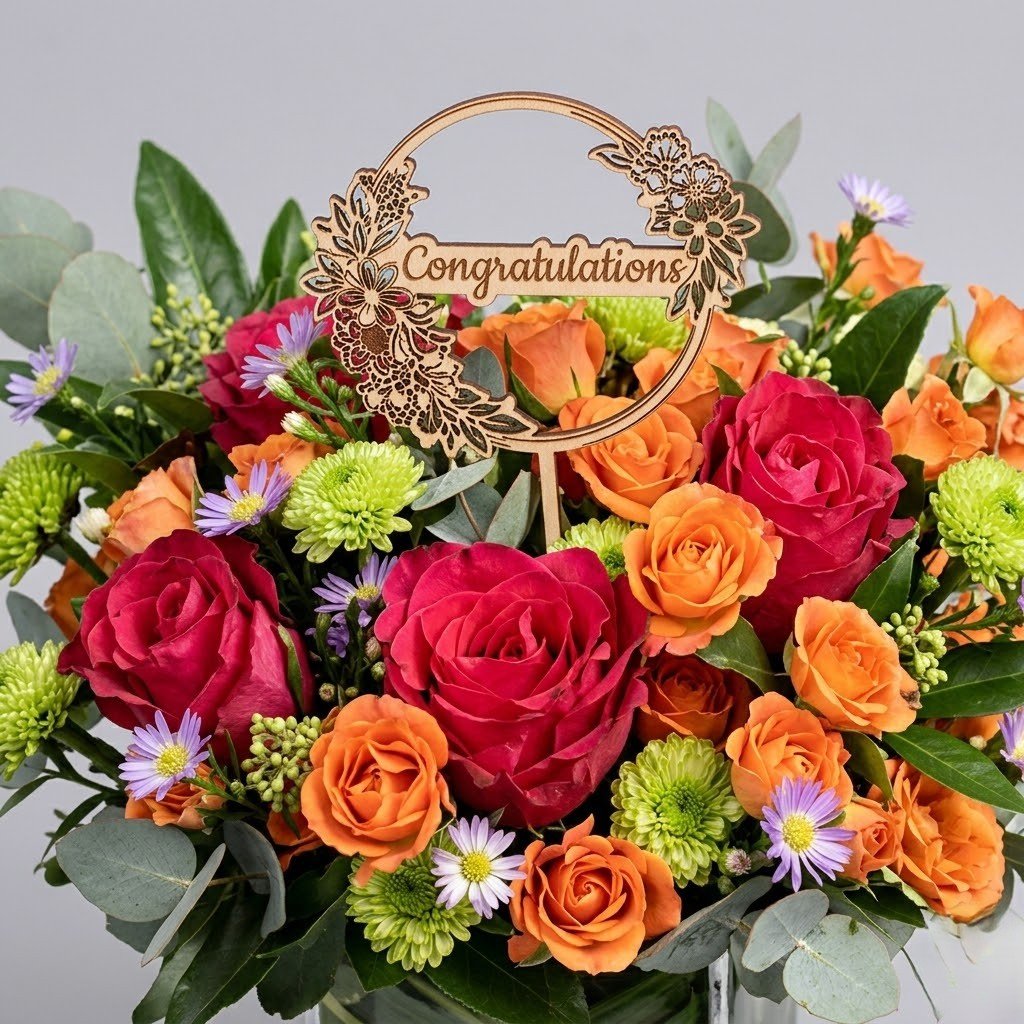 Congratulations Flowers Vase – Mixed Floral Arrangement with Topper