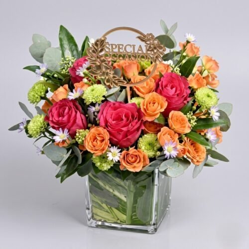 Congratulations Flowers Vase – Mixed Floral Arrangement with Topper