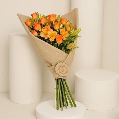 Coral Kiss Bouquet – Orange Spray Roses & Alstroemeria Wrapped Floral Arrangement
