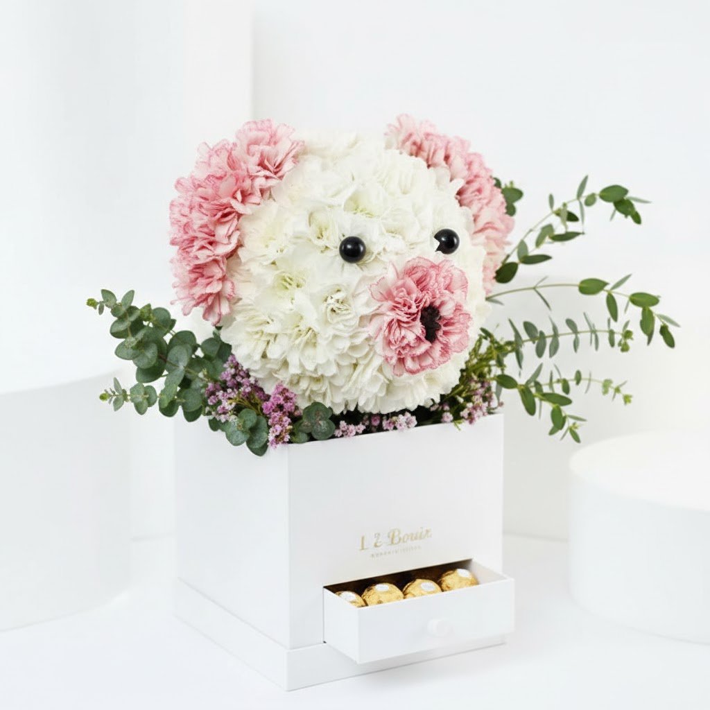 Cute Flowers Teddy Box With Chocolates – A Sweet Surprise by Warda Petals