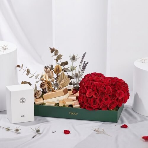 Desires Perfume Chocolates and Roses Gift – Luxury Floral & Fragrance Gift Tray by Warda Petals