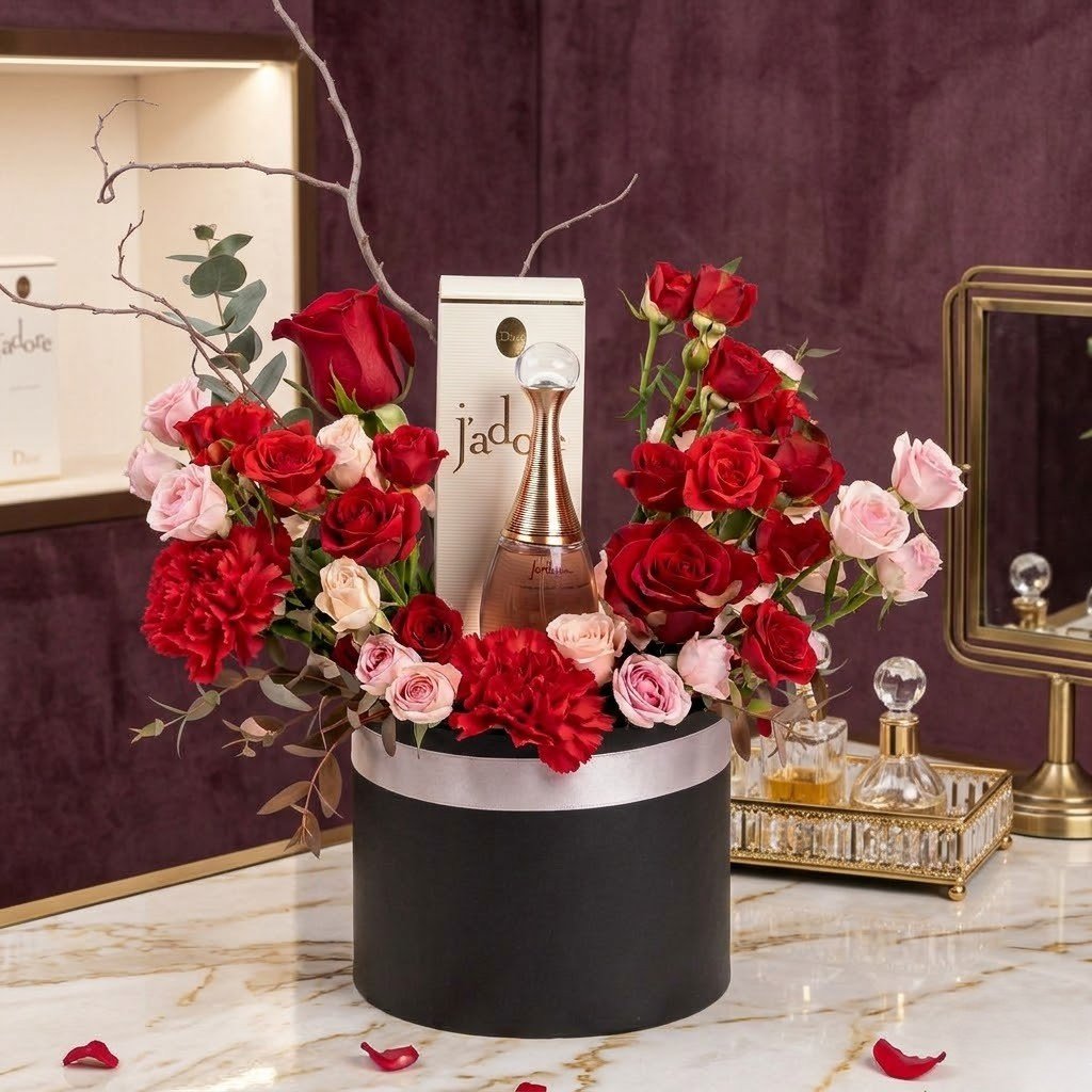 Dior J’adore Perfume and Roses Collection – Luxury Floral & Fragrance Gift Box by Warda Petals
