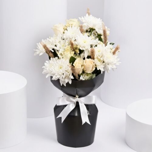 Ethereal Blooms For Her – White Floral Bouquet in Black Sleeves