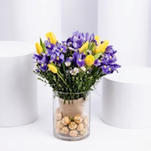 Feb Birthday Flower Iris & Tulips with Rocher – Blue Iris, Yellow Tulips & Ferrero Rocher in Vase