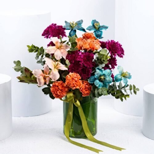 Flowers Colors Burst – Tulips, Carnations & Chrysanthemums Vase Arrangement by Warda Petals