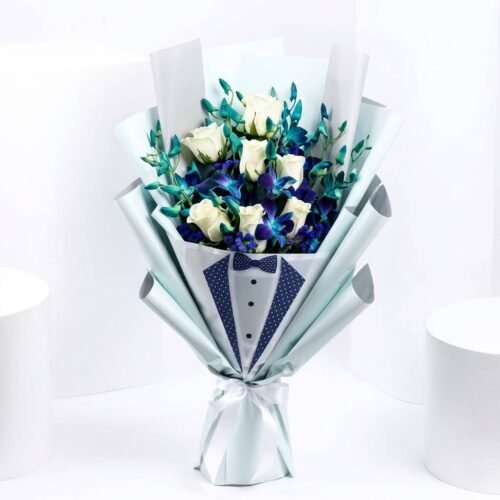 Flowers For Brother – White Roses & Blue Orchid Bouquet