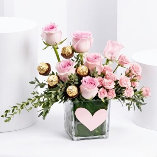 Gentle Pink Roses And Rochers – Flowers & Chocolate Gift Bouquet