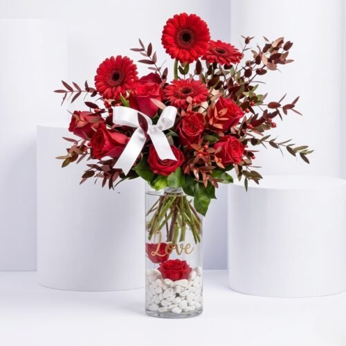 Gerbera and Roses in Long Vase – Elegant Red Floral Vase Arrangement