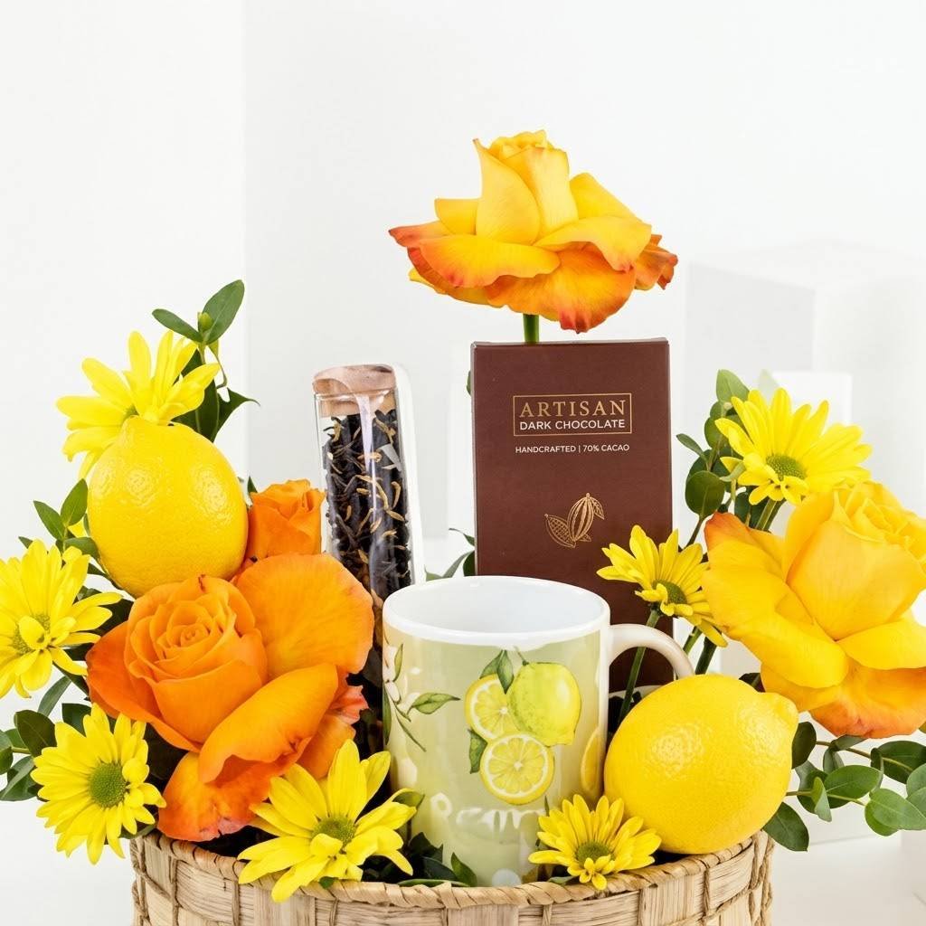 Get Well Soon Wishes In A Tray – Flowers, Tea & Chocolate Gift Tray by Warda Petals