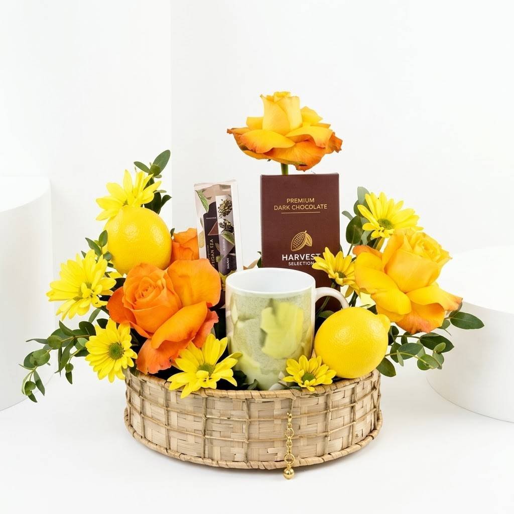 Get Well Soon Wishes In A Tray – Flowers, Tea & Chocolate Gift Tray by Warda Petals