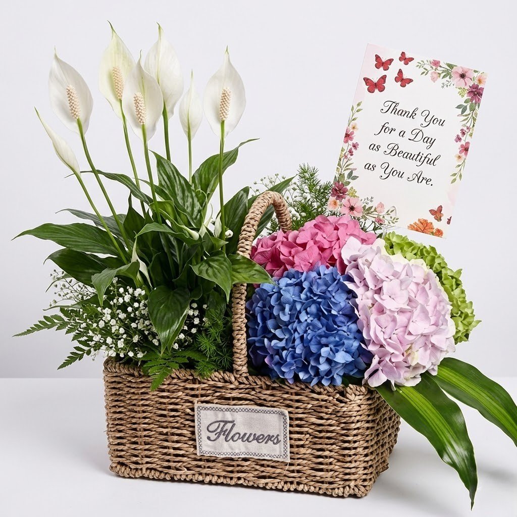 Grandparents Day Wishes Flowers & Plant Basket – Hydrangea & Indoor Plant Arrangement