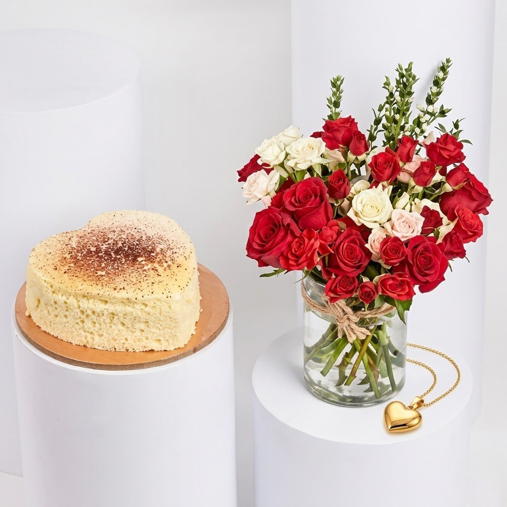 Heart of Rose Cake with Flowers – Chocolate Cake & Floral Gift
