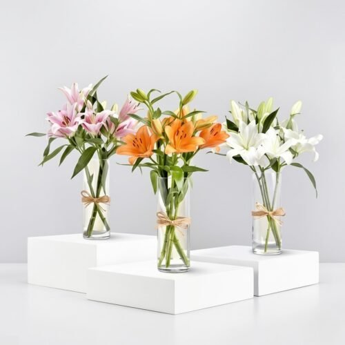 Lilies Beauty Trio – Pink, Orange & White Lilies in Cylindrical Glass Vases