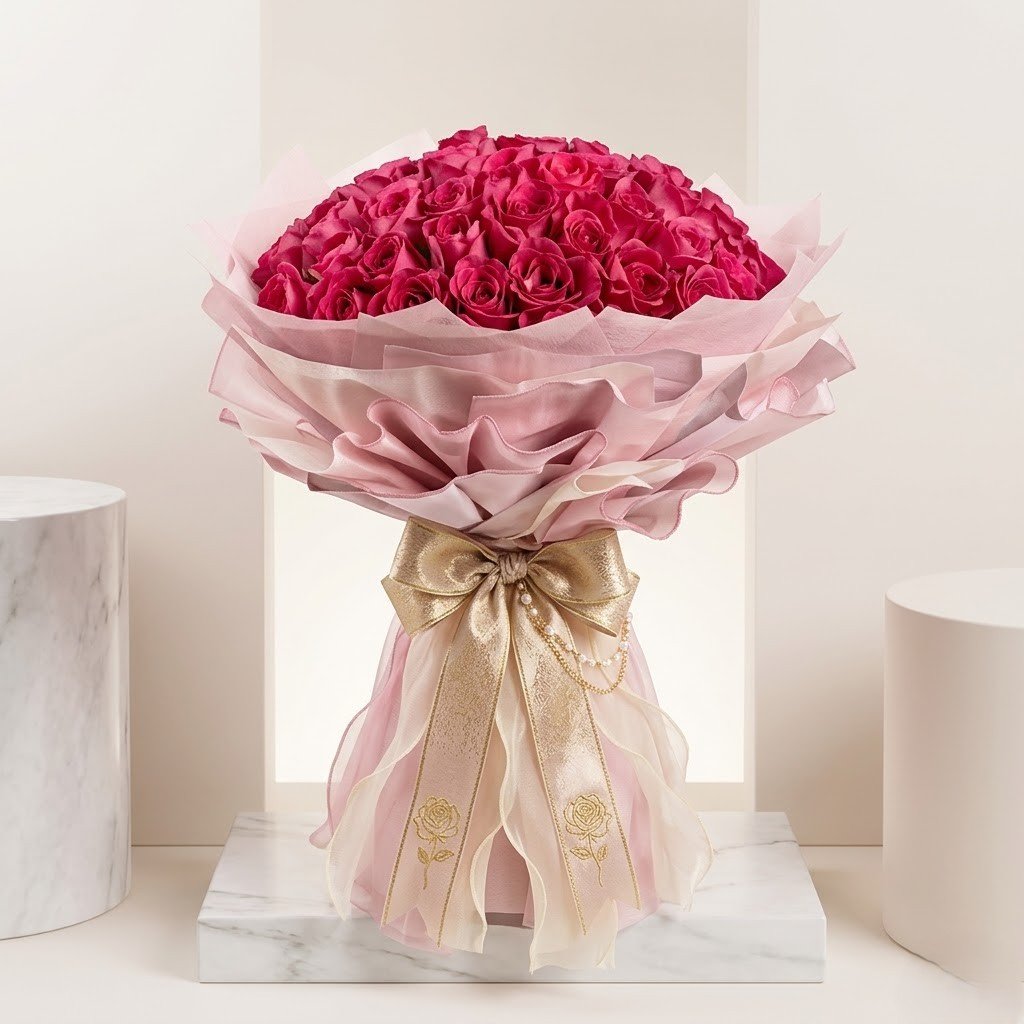 Majestic 50 Dark Pink Roses – Elegant Bouquet