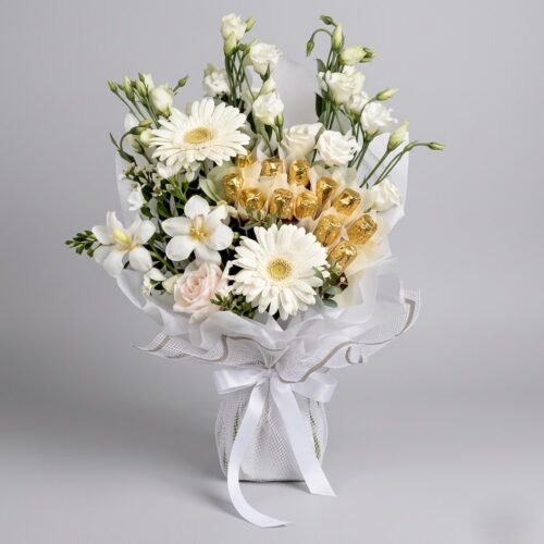 Mesmerising White and Gold – Elegant Floral Bouquet with Chocolates
