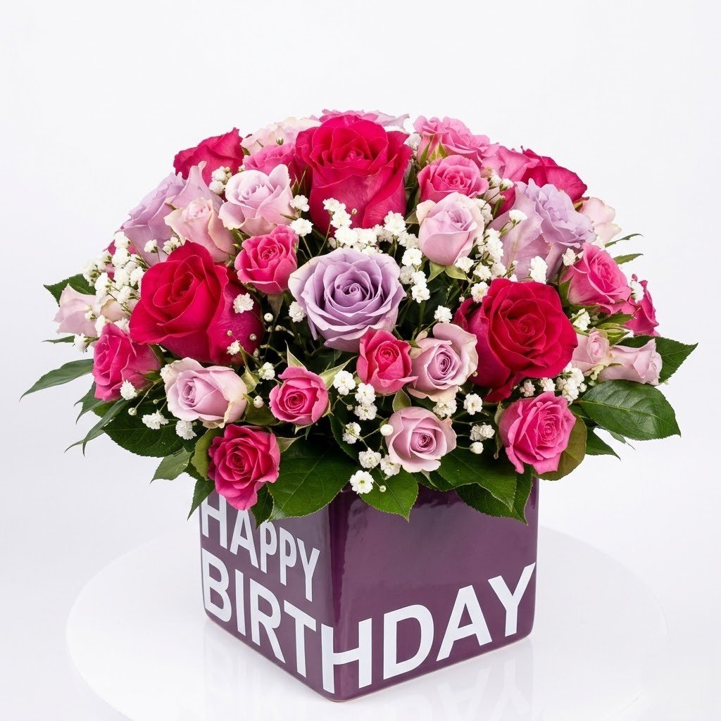 Mixed Flowers in Birthday Square Glass Vase – Colorful Floral Arrangement