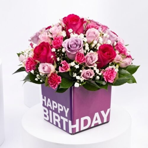 Mixed Flowers in Birthday Square Glass Vase – Colorful Floral Arrangement