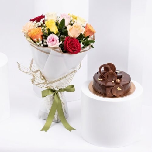 Mixed Roses Bouquet with Fudge Cake