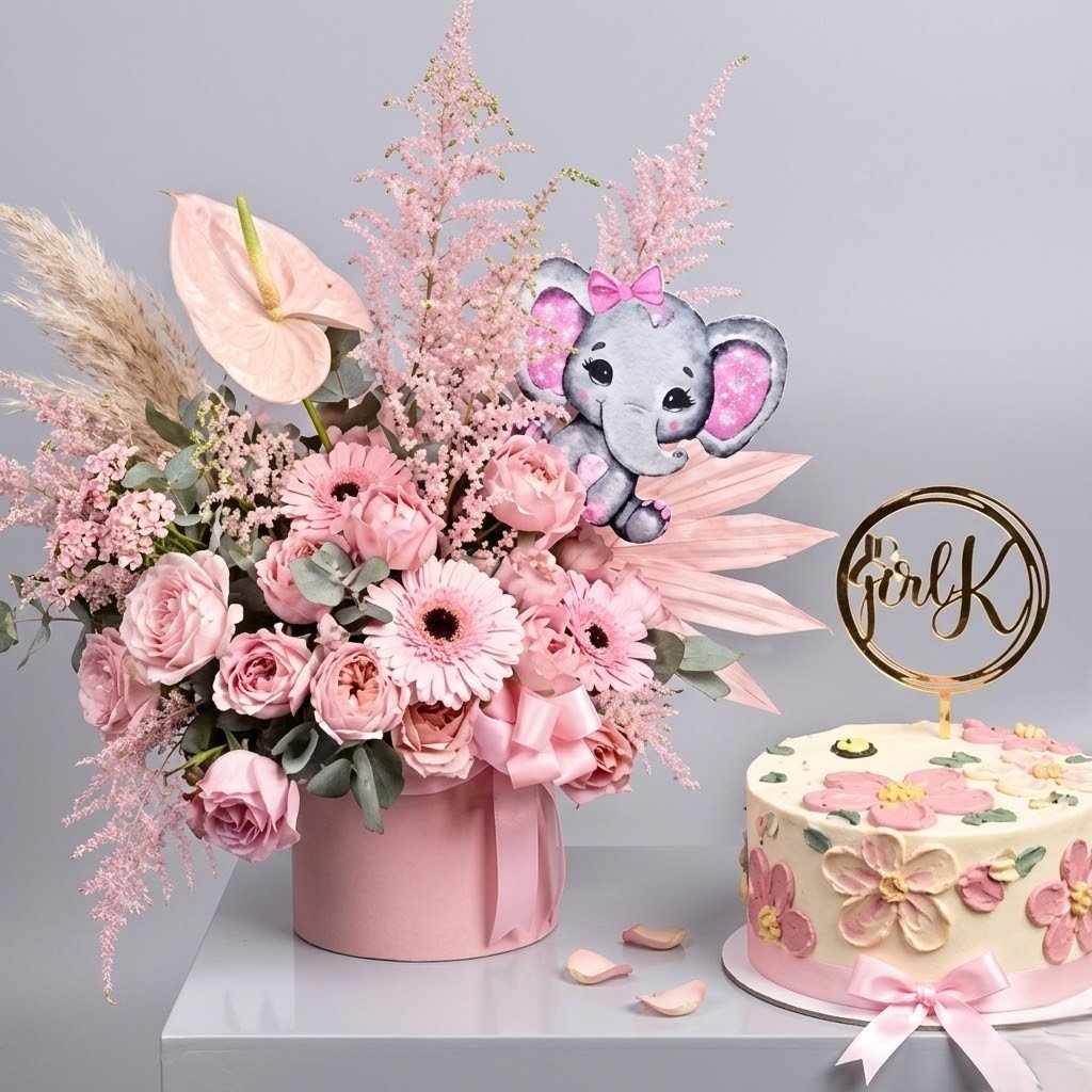 New Born Girl Flowers And Cake – Baby Celebration Floral Gift