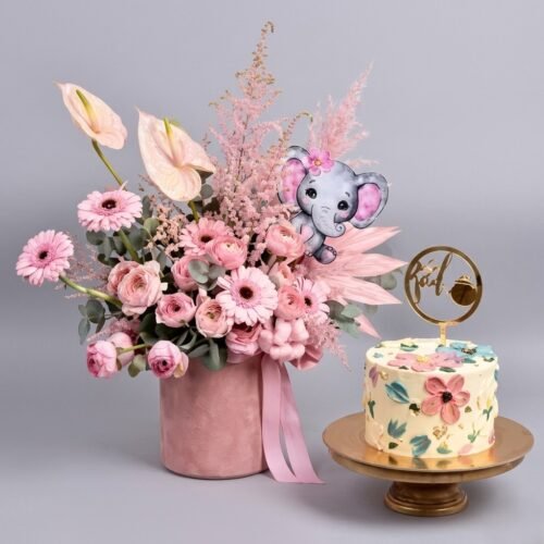 New Born Girl Flowers And Cake – Baby Celebration Floral Gift