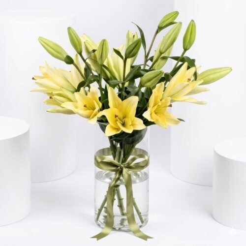 Oriental Charm Yellow Lilies in Glass Vase