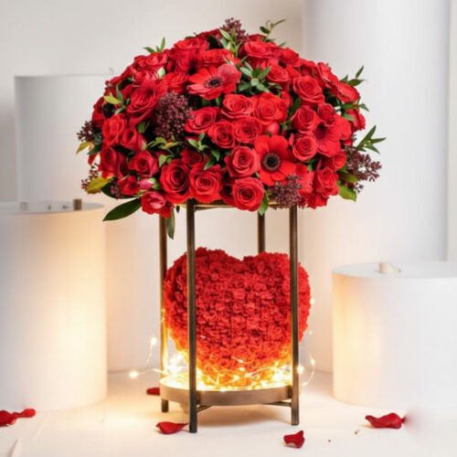Our Beautiful Love Story – Luxury Red Floral Stand with LED Lights by Warda Petals