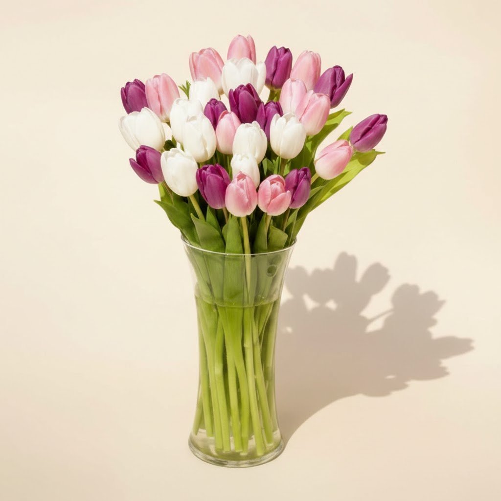 Painted Skies Tulip Bouquet Standard – 30 Mixed Tulips in Glass Vase by Warda Petals