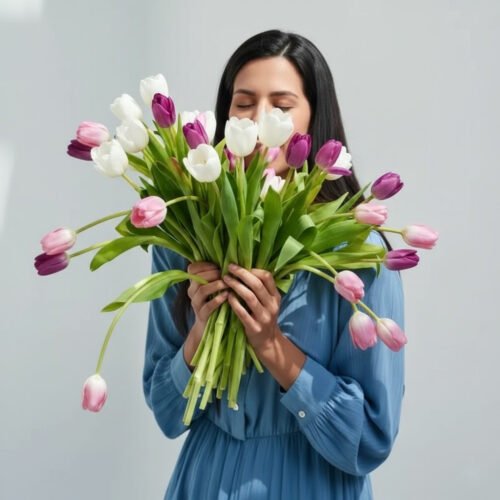 Painted Skies Tulip Bouquet Standard – 30 Mixed Tulips in Glass Vase by Warda Petals