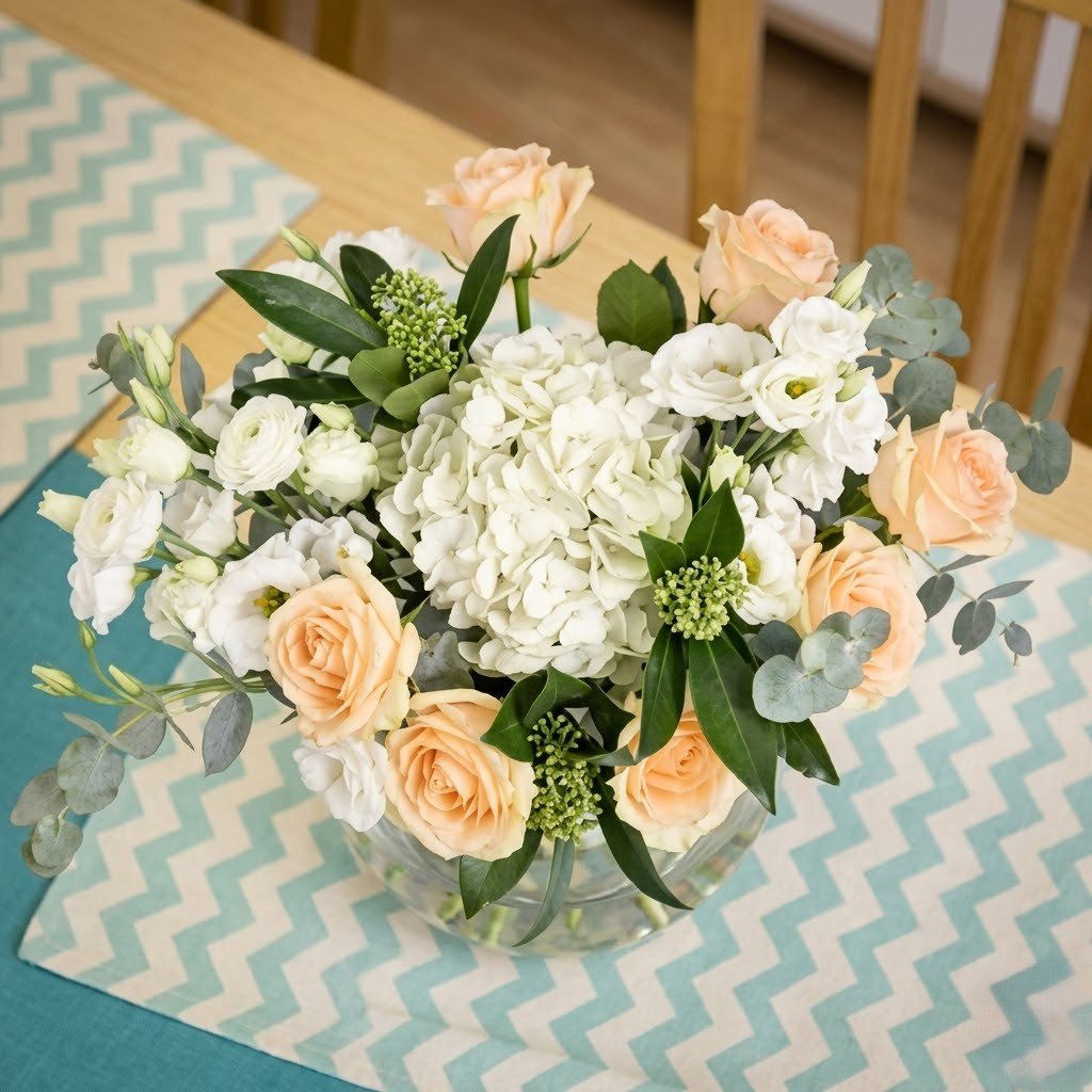Peach Roses & Hydrangea Table Centerpiece
