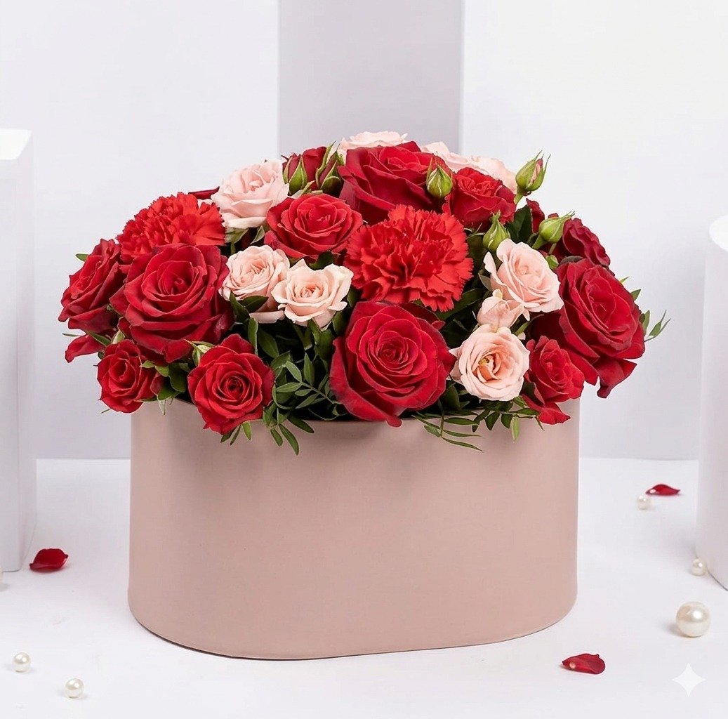 Petals Glow Flower Arrangement – Red Roses & Carnations in Oval Box by Warda Petals