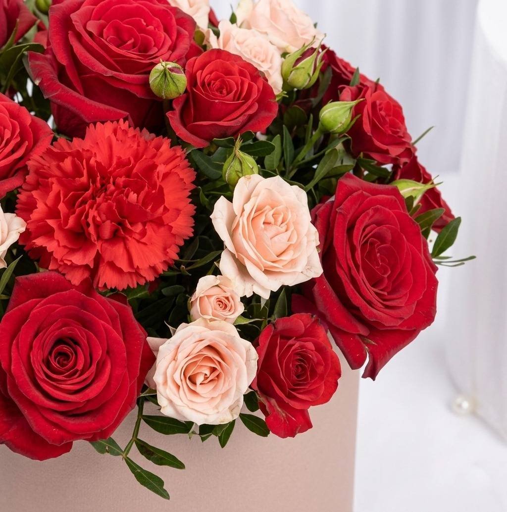 Petals Glow Flower Arrangement – Red Roses & Carnations in Oval Box by Warda Petals