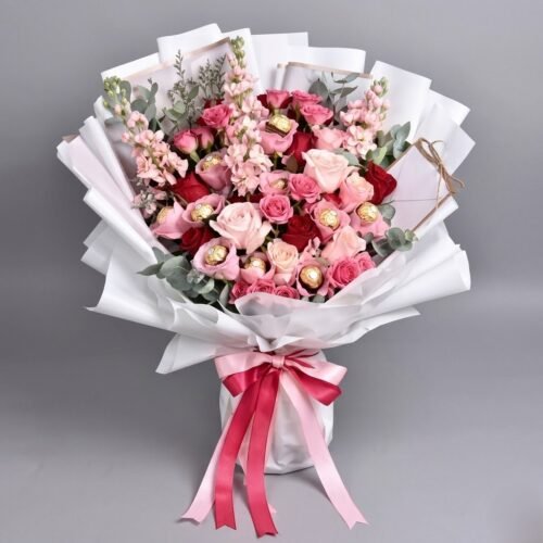 Pink Petals and Chocolates Bouquet – Flowers with Ferrero Rocher