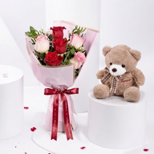Pink and Red Roses Beauty Bouquet with Teddy Bear for Valentines 