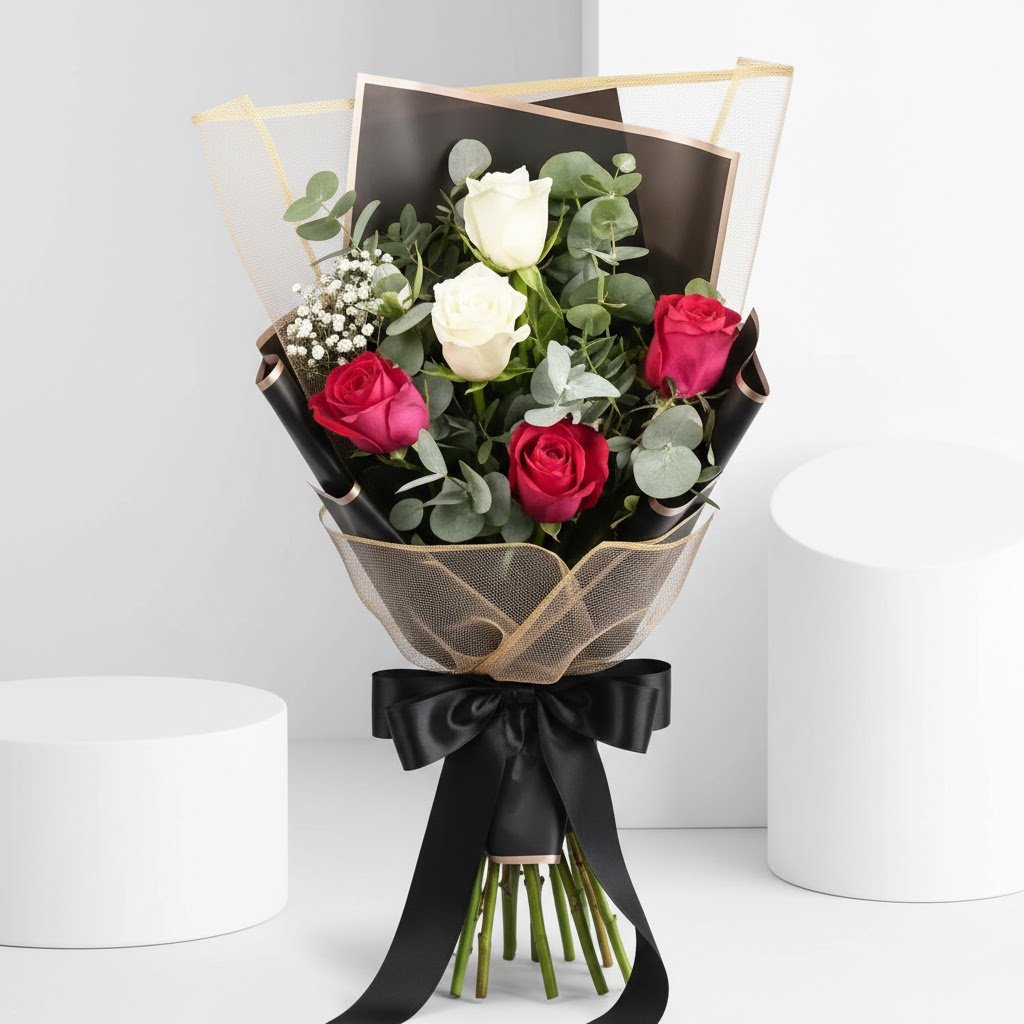 Pink and White Roses Bouquet Standard by Warda Petals