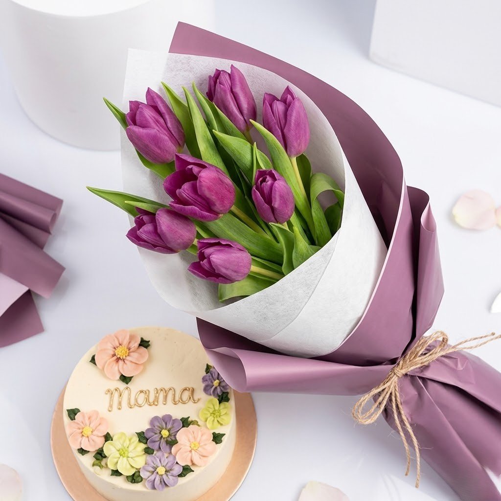 Purple Tulips In Bouquet With Chocolate Cake – Tulips & Cake Gift Combo by Warda Petals
