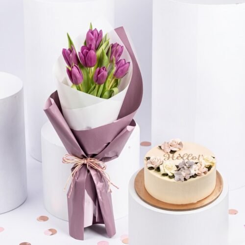 Purple Tulips In Bouquet With Chocolate Cake – Tulips & Cake Gift Combo by Warda Petals