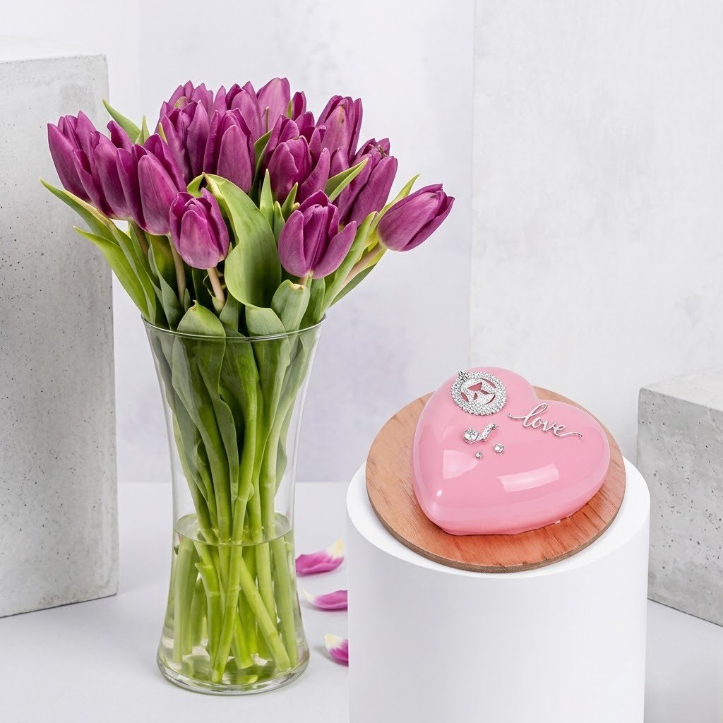 Purple Tulips In Vase With Chocolate Cake – Tulips & Cake Luxury Gift Combo by Warda Petals