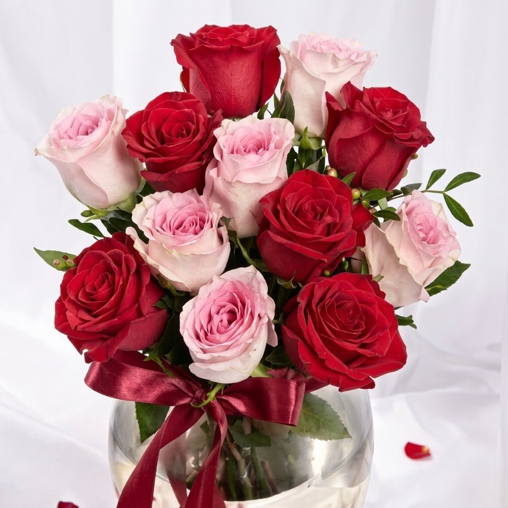 Red & Pink Roses in Premium Vase